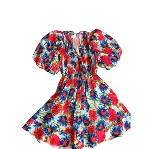 Milly Elle Floral Pleated Mini Dress Blue Pink Puff Sleeve Smocked Waist Size 6